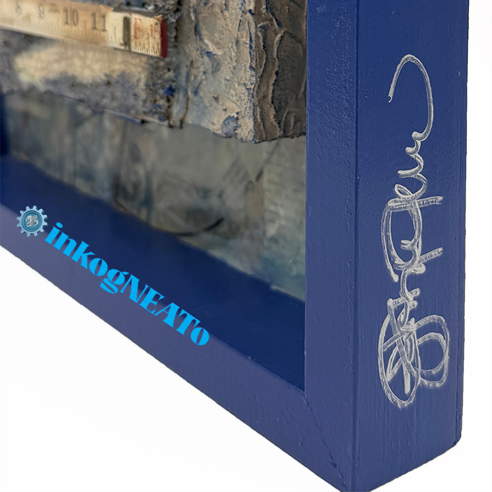 CREATE AND MEASURE – Mixed Media Artwork Blending Antique and Modern Elements