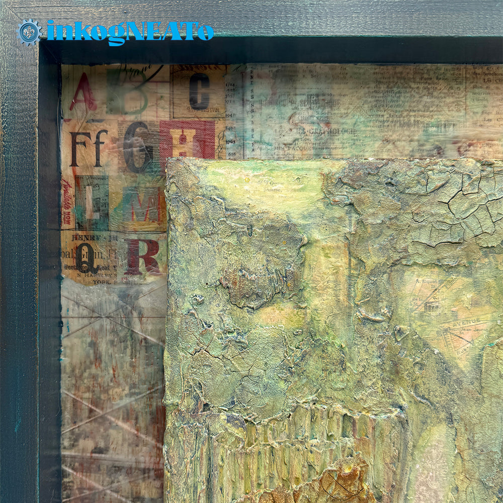 "Frozen in Time" captures the delicate balance of nostalgia and impermanence through layered encaustic wax, photography, and abstract textures.