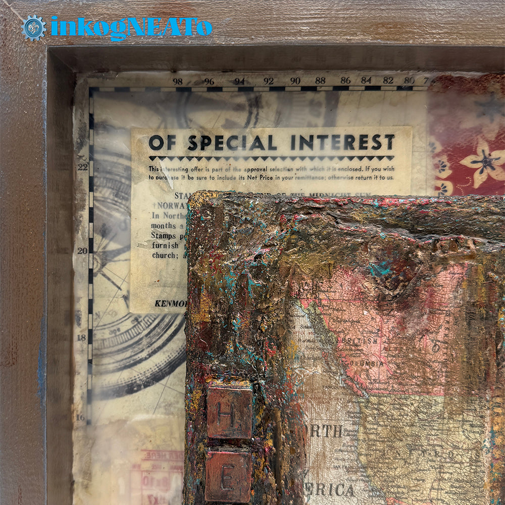 "HERE" explores the concept of self-discovery through layers of encaustic collage, vintage maps, and found objects. A richly textured mixed media assemblage full of symbolism.