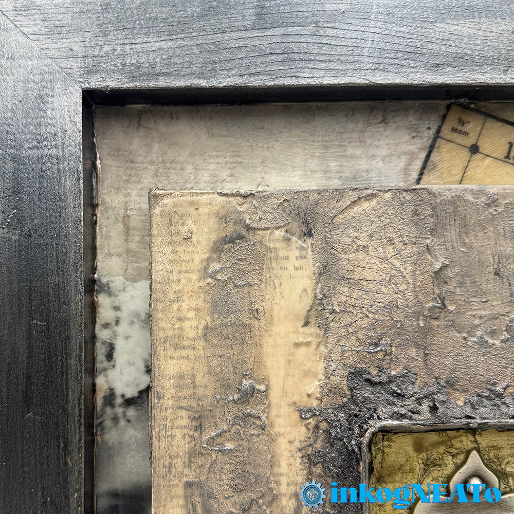 "Salvage District" is a textured mixed media artwork featuring distressed wood, vintage typography, and industrial elements. A tribute to urban landscapes and the beauty of imperfection.