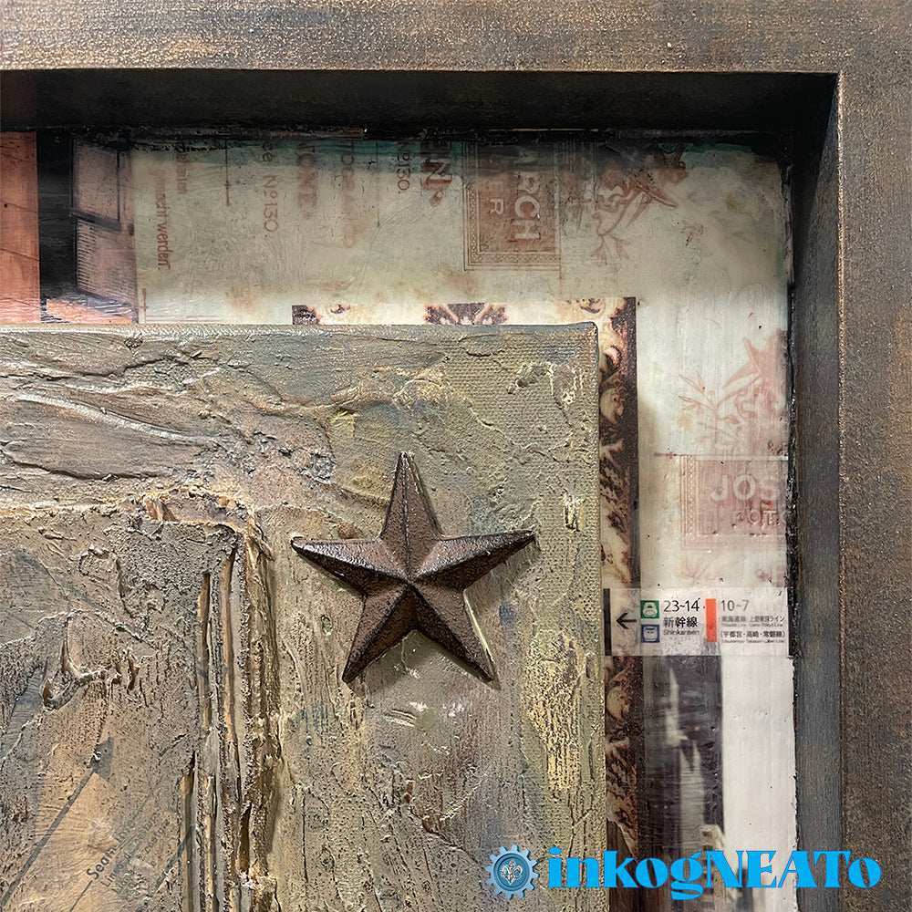 "Stars and Ballerinas" is a deeply layered mixed media collage featuring vintage ephemera, antique objects, and encaustic wax. A dreamlike piece that balances nostalgia with modern artistry.